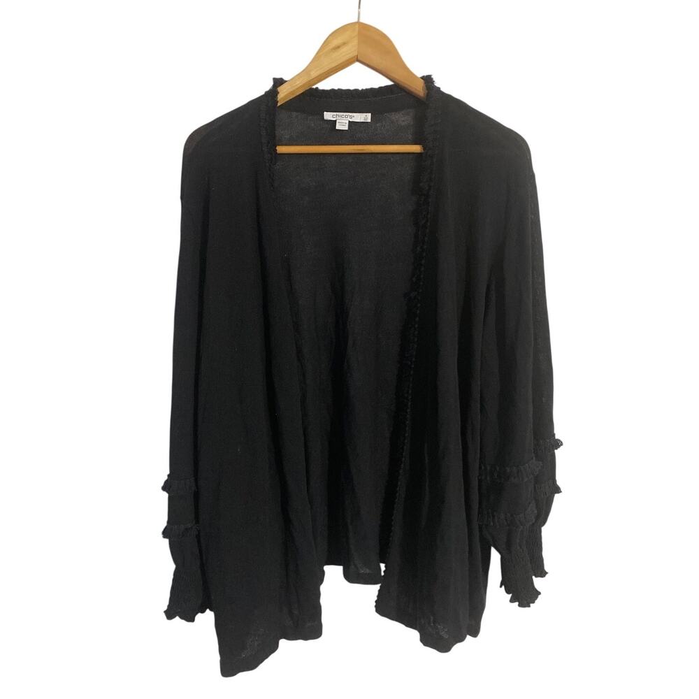 Chicos cardigan women’s size 4 black fringe lightweight